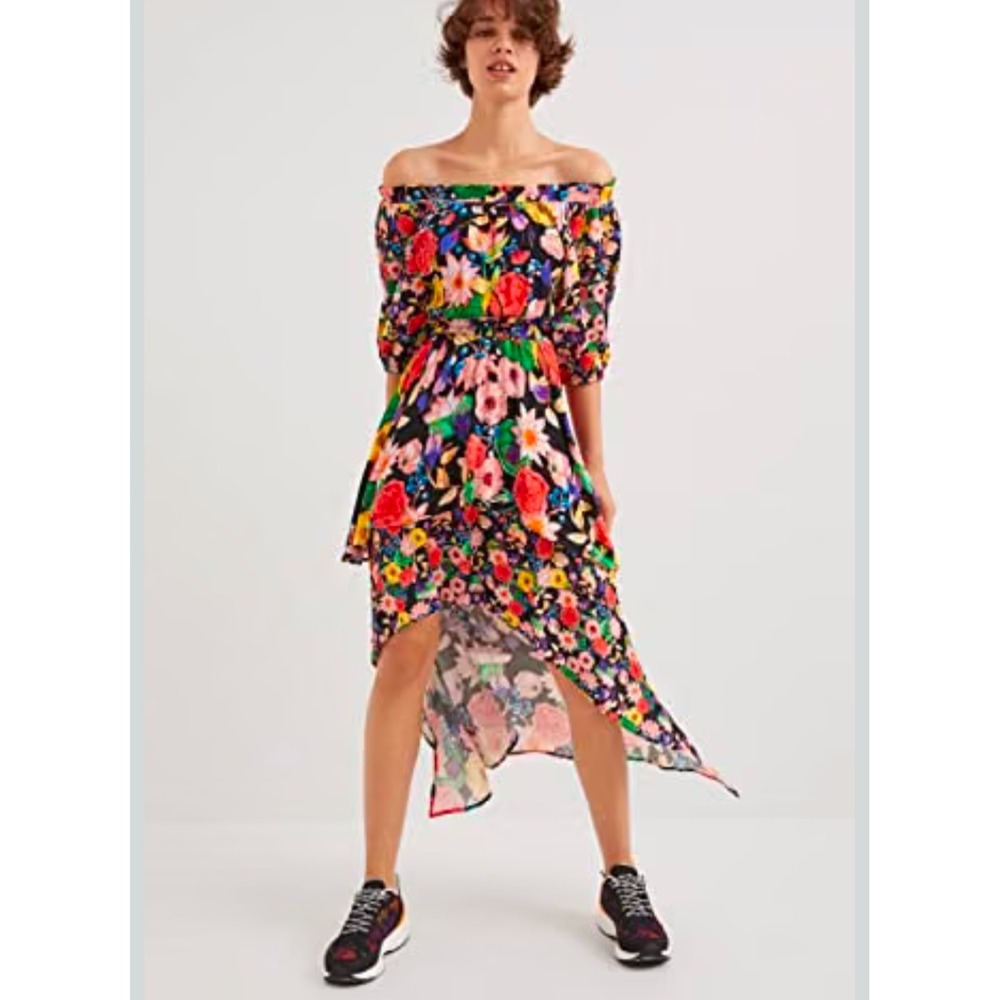 Desigual Floral Off Shoulder High Low Tiered Midi Dress Black Multi XL